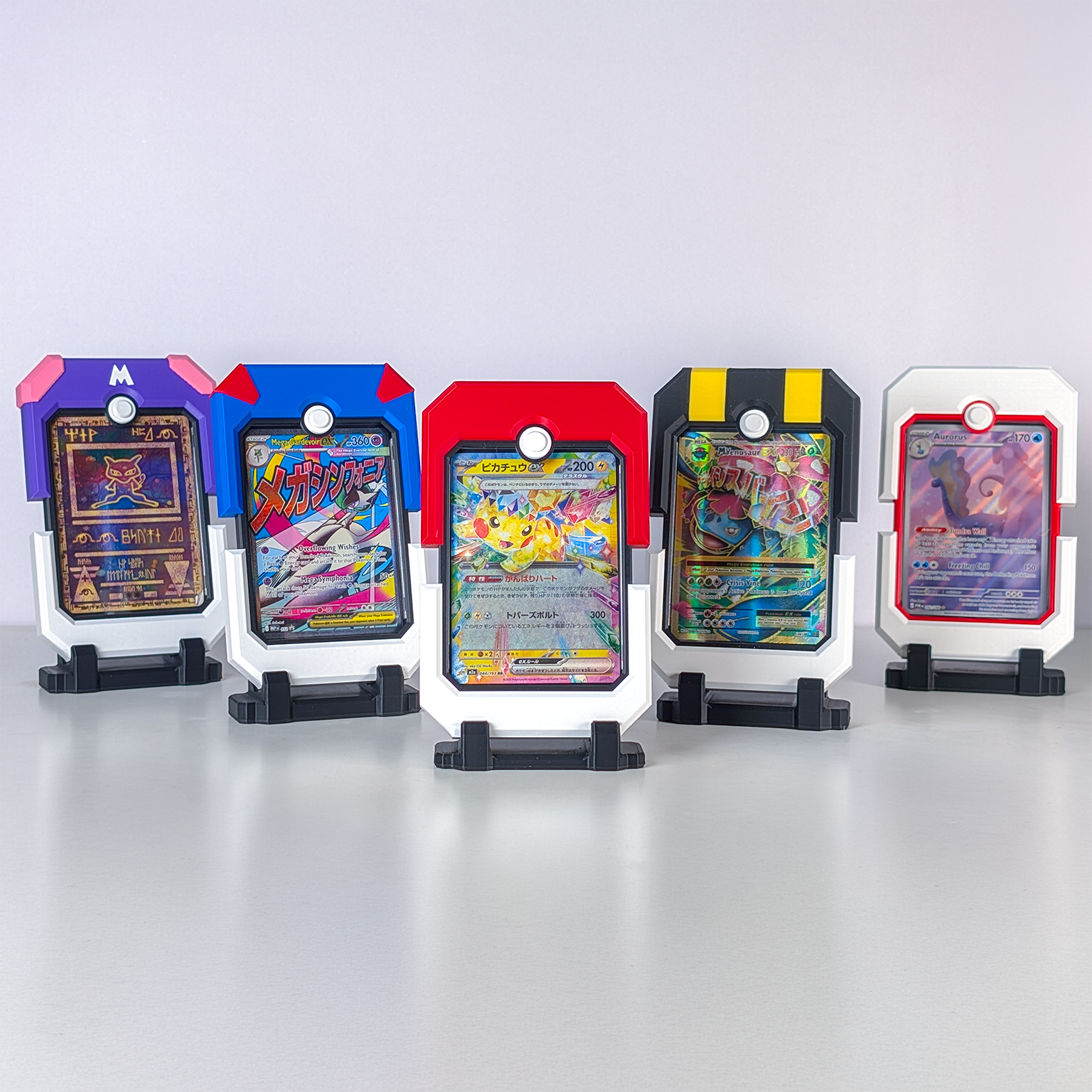 Five trading cards in display stands on a white background
